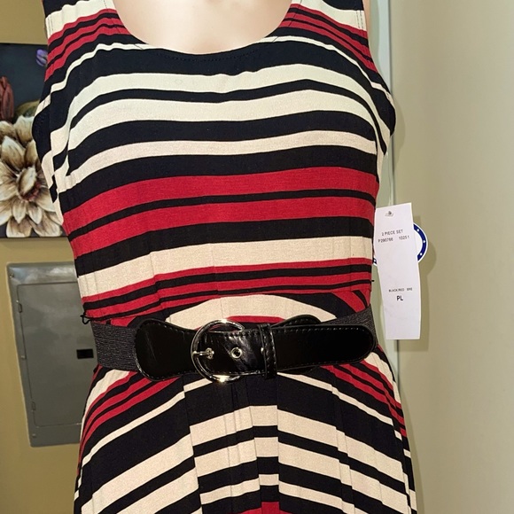 SIGNATURE BELTED STRIPED DRESS SCOOP NECK WOMENS CASUAL SLEEVELESS SIZE PLARGE - Picture 10 of 16